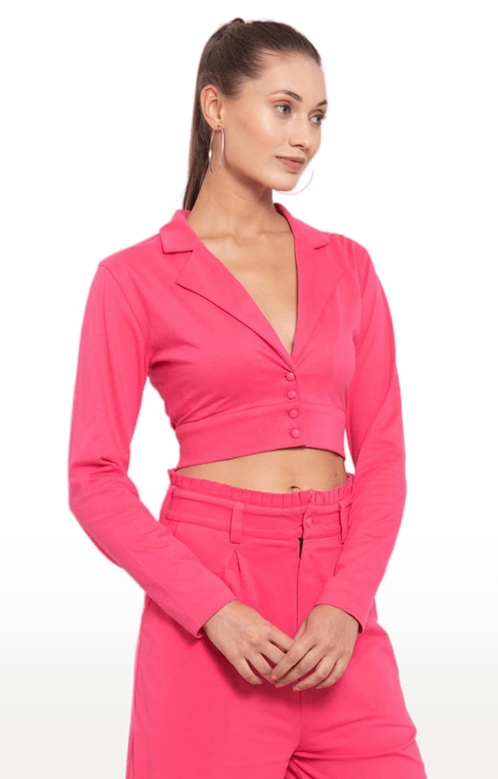 YOONOY | Women's Pink Cotton Solid Cropped Blazes