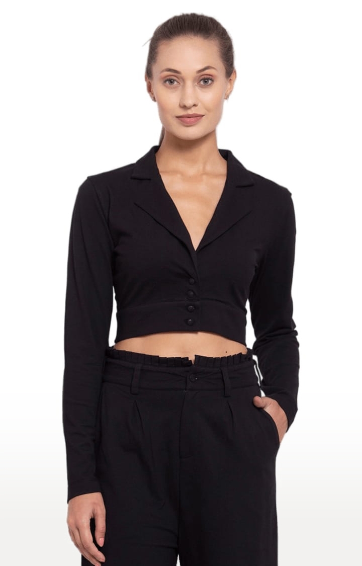 YOONOY | Women's Black Cotton Solid Cropped Blazers