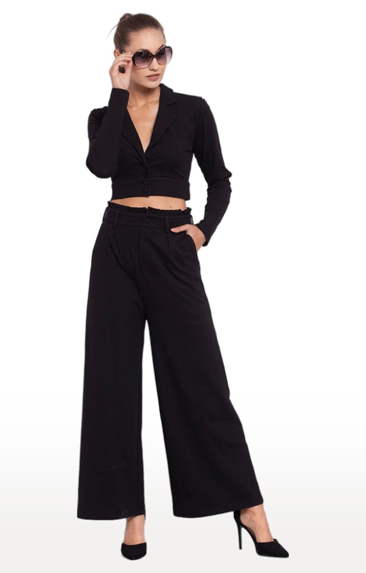 Women's Black Cotton Solid Cropped Blazers