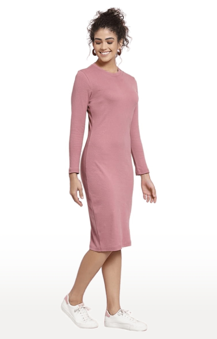 YOONOY | Women's Blush pink Cotton Solid Bodycon Dress 2