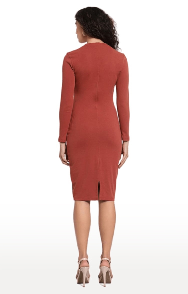 YOONOY | Women's Burnt Orange Cotton Solid Bodycon Dress 2