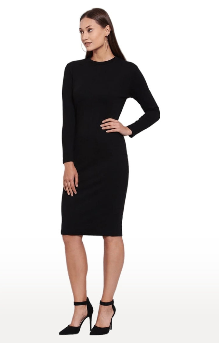 YOONOY | Women's Black Cotton Solid Bodycon Dress 2