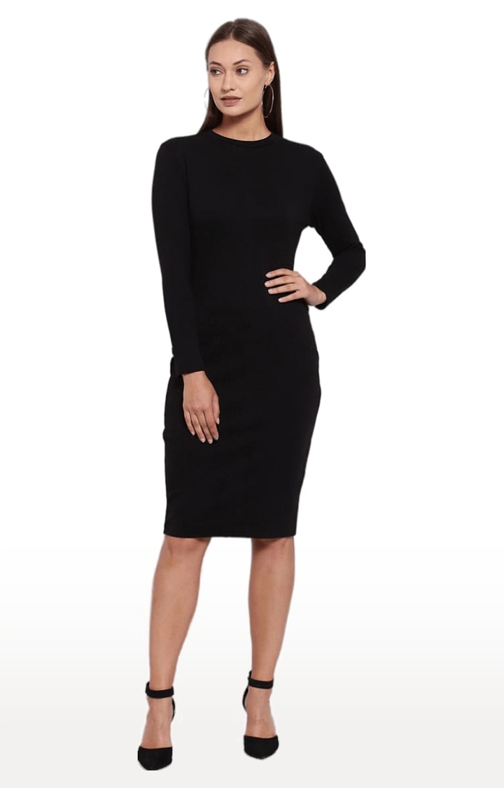 YOONOY | Women's Black Cotton Solid Bodycon Dress 0