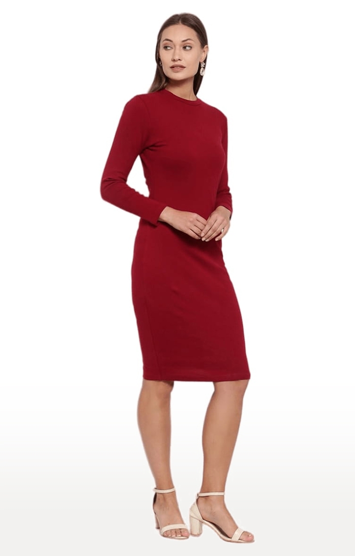 YOONOY | Women's Red Cotton Solid Bodycon Dress 3