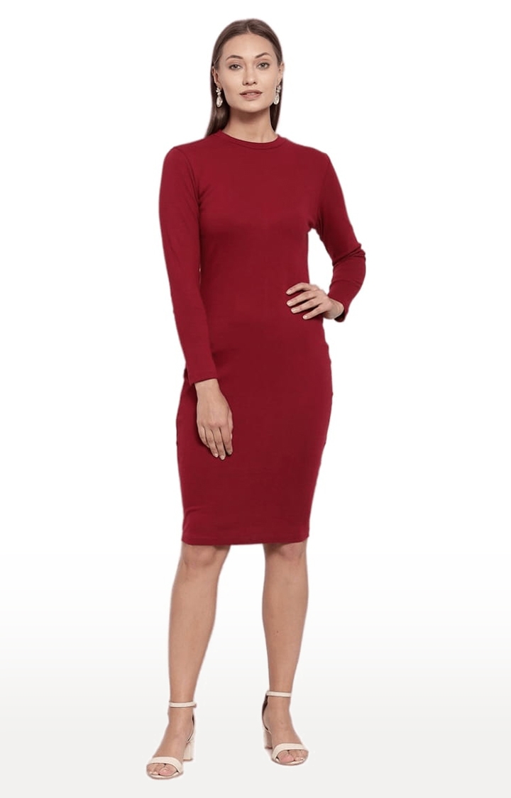 YOONOY | Women's Red Cotton Solid Bodycon Dress 0