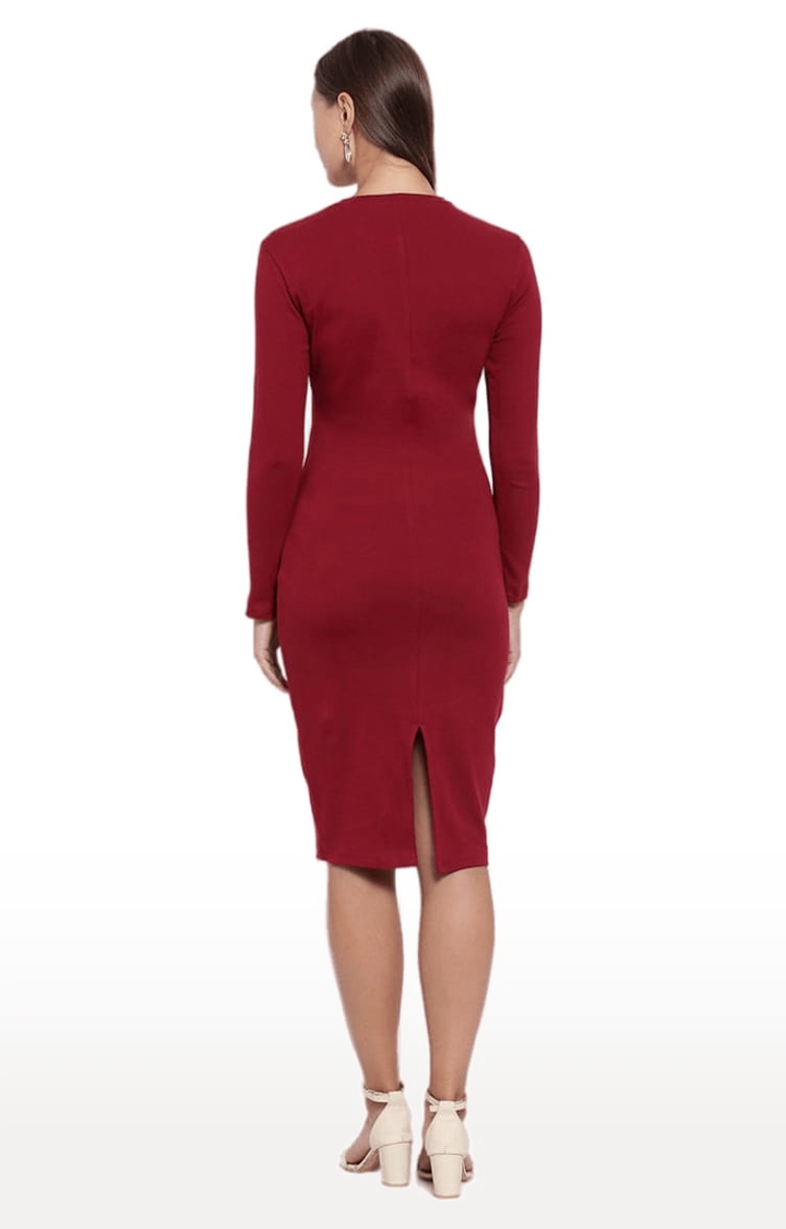 YOONOY | Women's Red Cotton Solid Bodycon Dress 4
