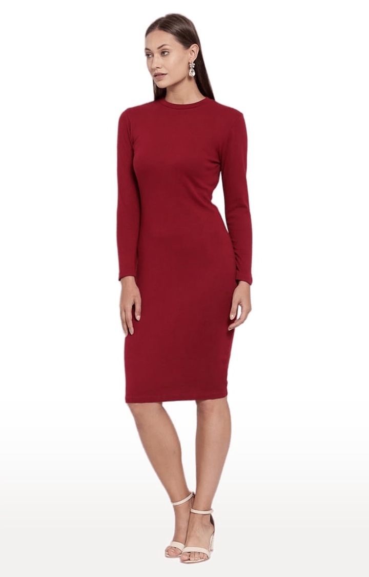 YOONOY | Women's Red Cotton Solid Bodycon Dress 2