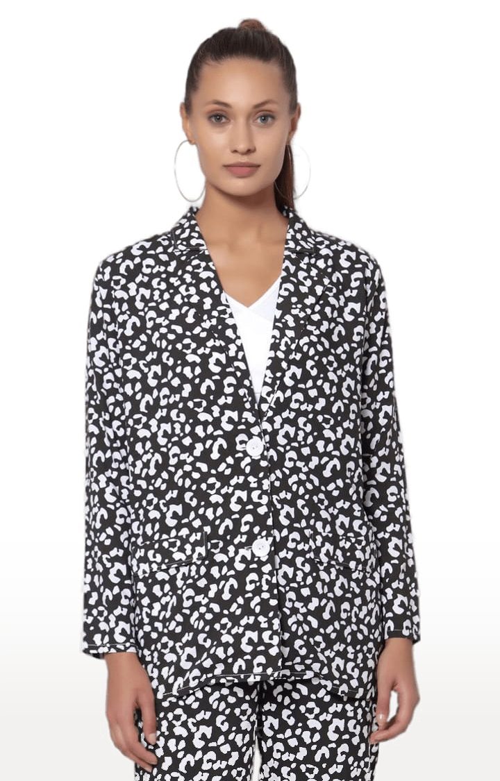 YOONOY | Women's Black & White Cotton Printed Blazers 0