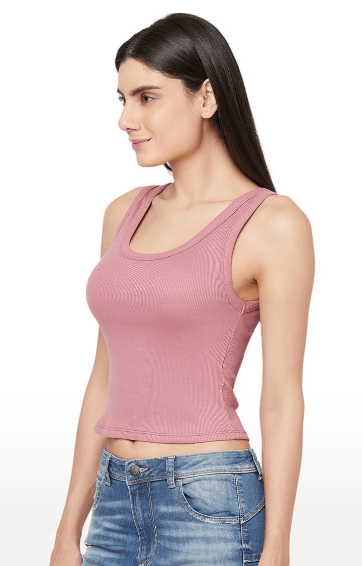 Women's Pink Cotton Blend Solid Tank Top