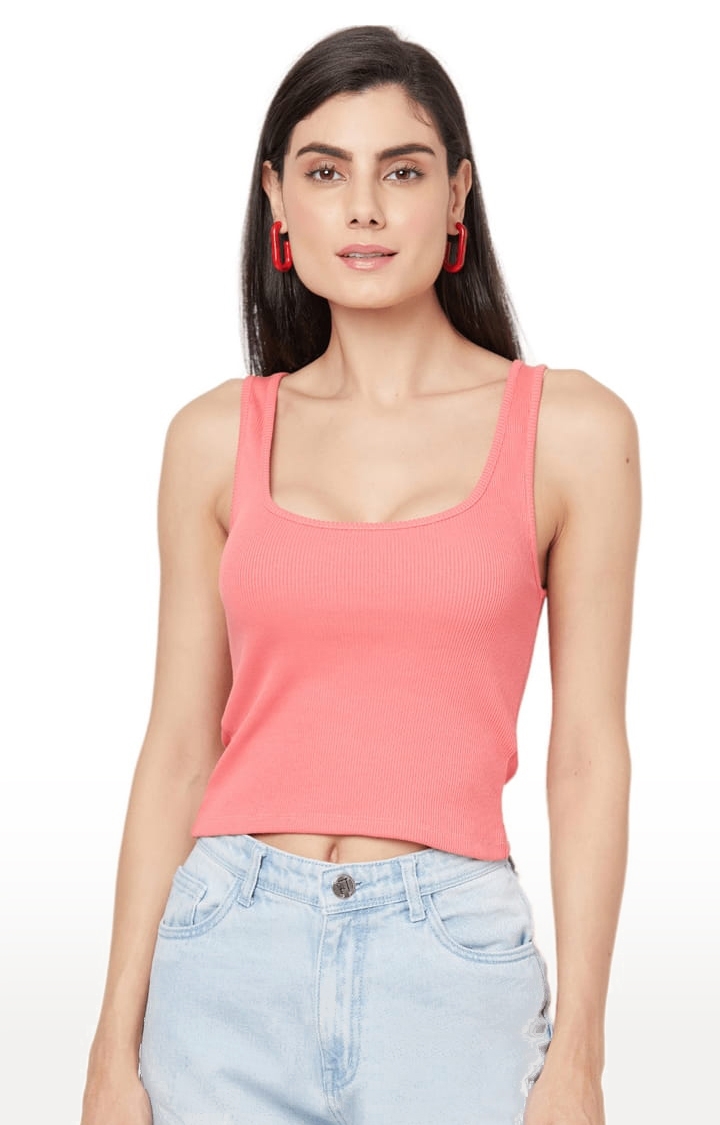 YOONOY | Women's Pink Cotton Blend Textured Tank Top