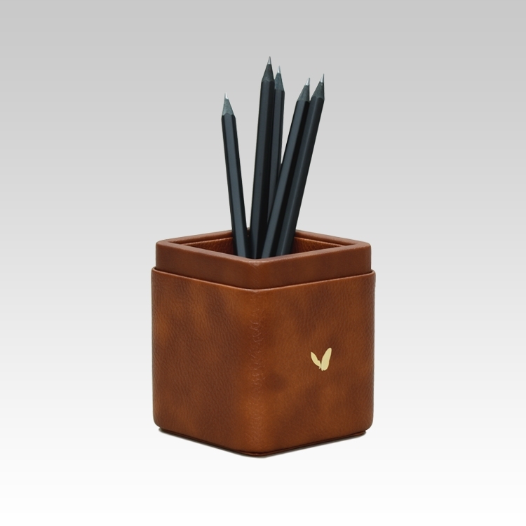 Pen/Pencil Holder | Faux Leather | Square Small | Classic | Tan