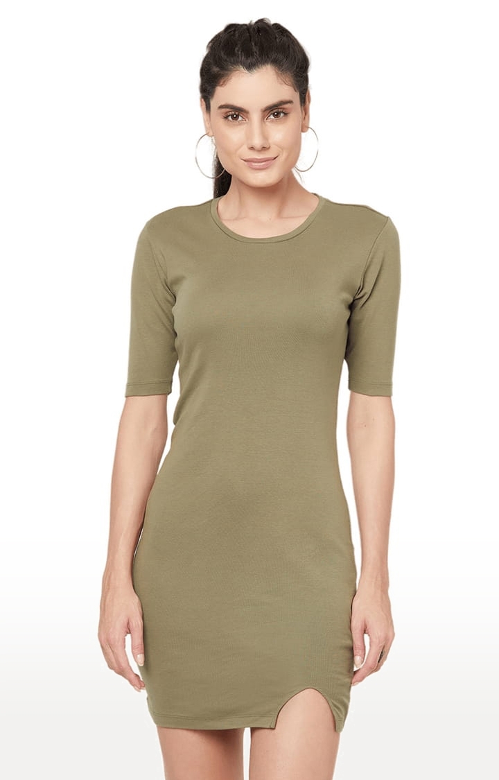 YOONOY | Women's Olive Green Cotton Solid Bodycon Dress 0