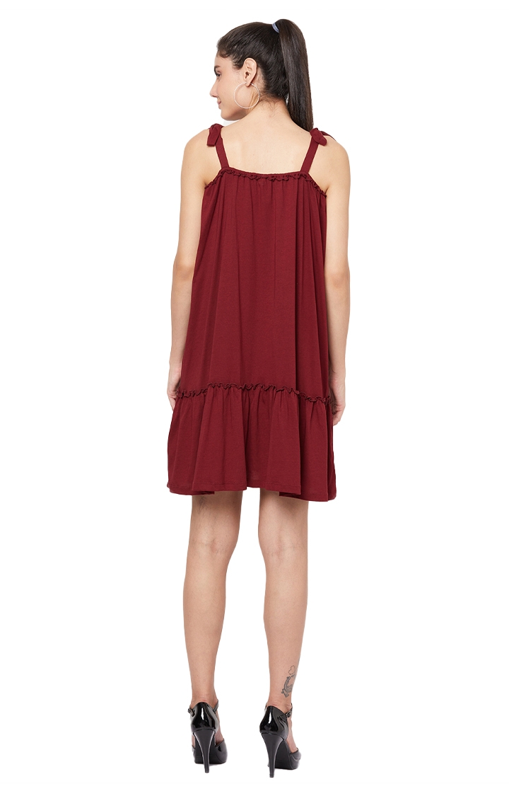 YOONOY | Women's Maroon Cotton Solid Tiered Dress 3