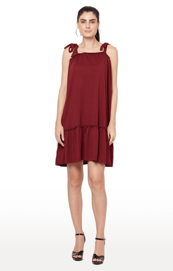 YOONOY | Women's Maroon Cotton Solid Tiered Dress 0