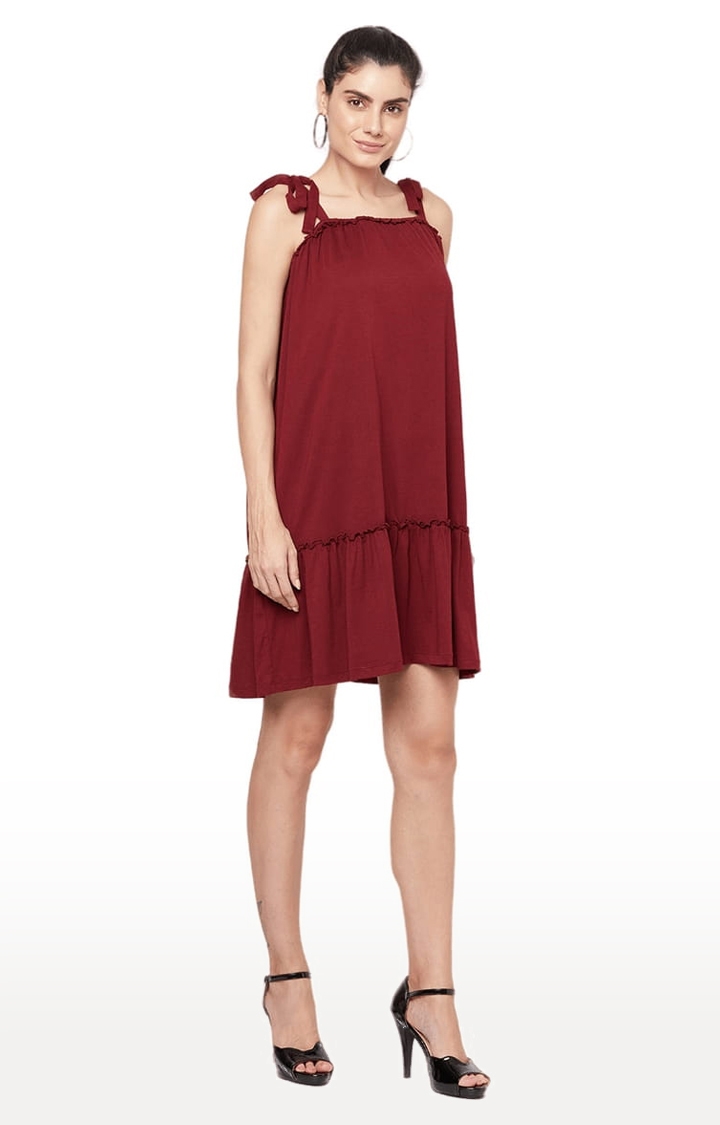 YOONOY | Women's Maroon Cotton Solid Tiered Dress 2