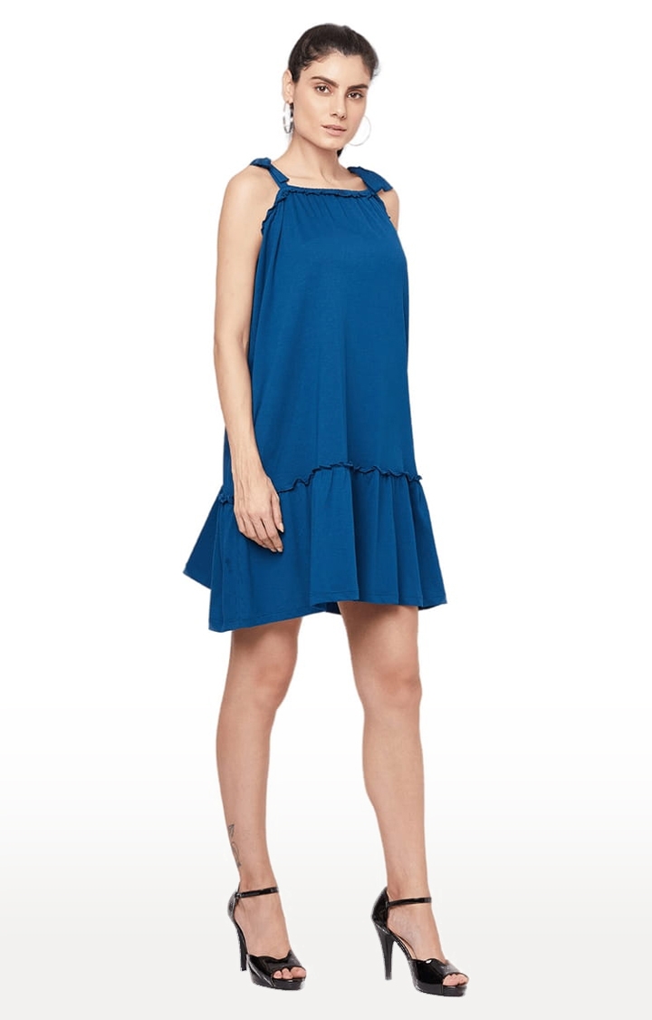 YOONOY | Women's Teal Blue Cotton Solid Tiered Dress 3