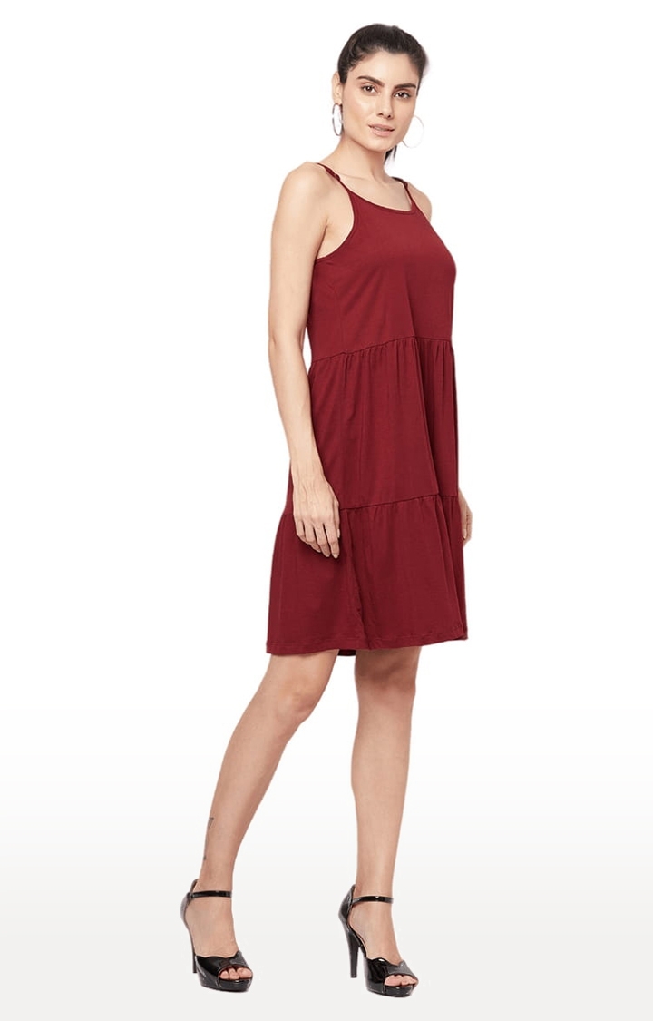 YOONOY | Women's Maroon Cotton Solid Tiered Dress 3