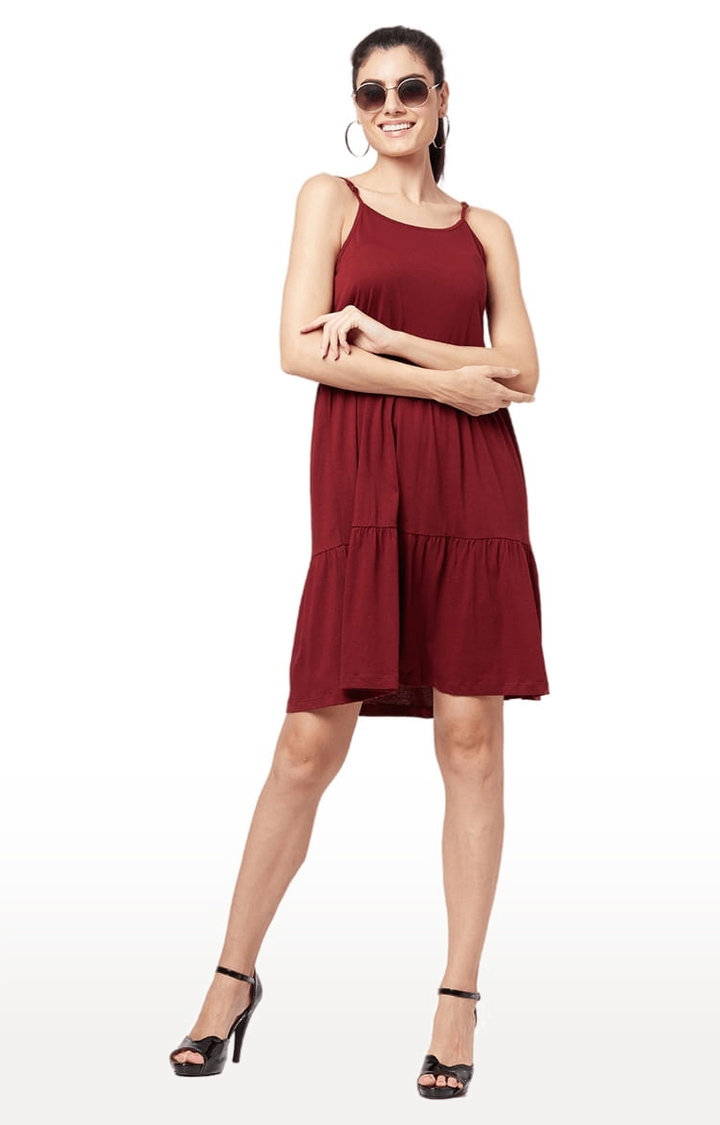 YOONOY | Women's Maroon Cotton Solid Tiered Dress 1
