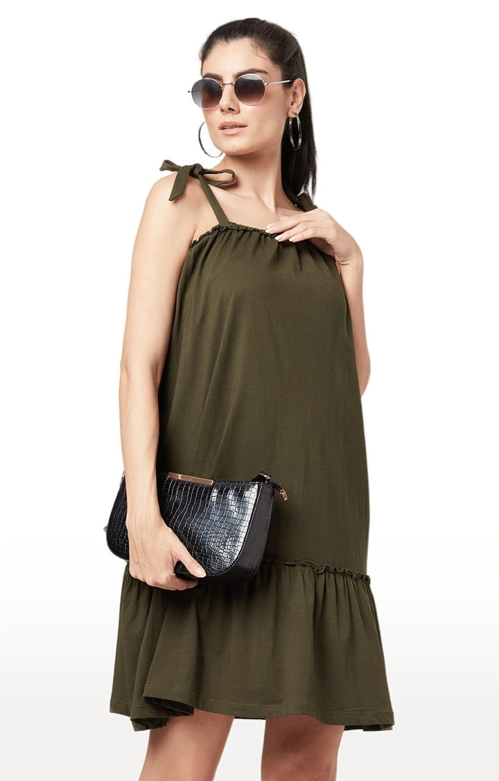 YOONOY | Women's Olive Cotton Solid Tiered Dress 1