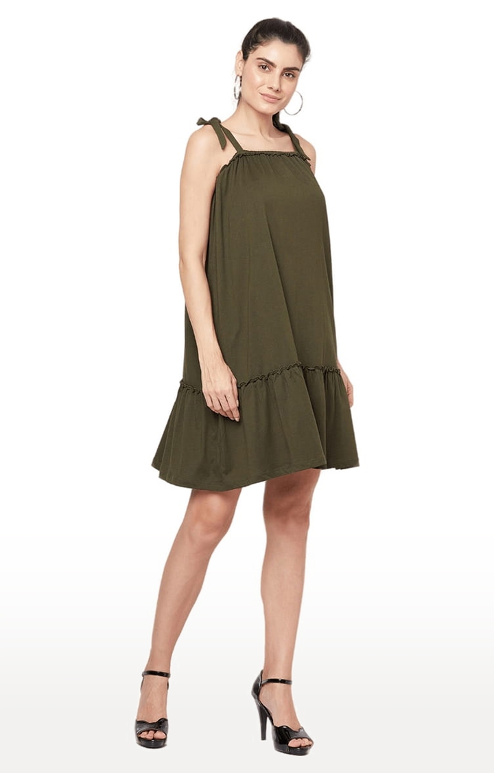 YOONOY | Women's Olive Cotton Solid Tiered Dress 2