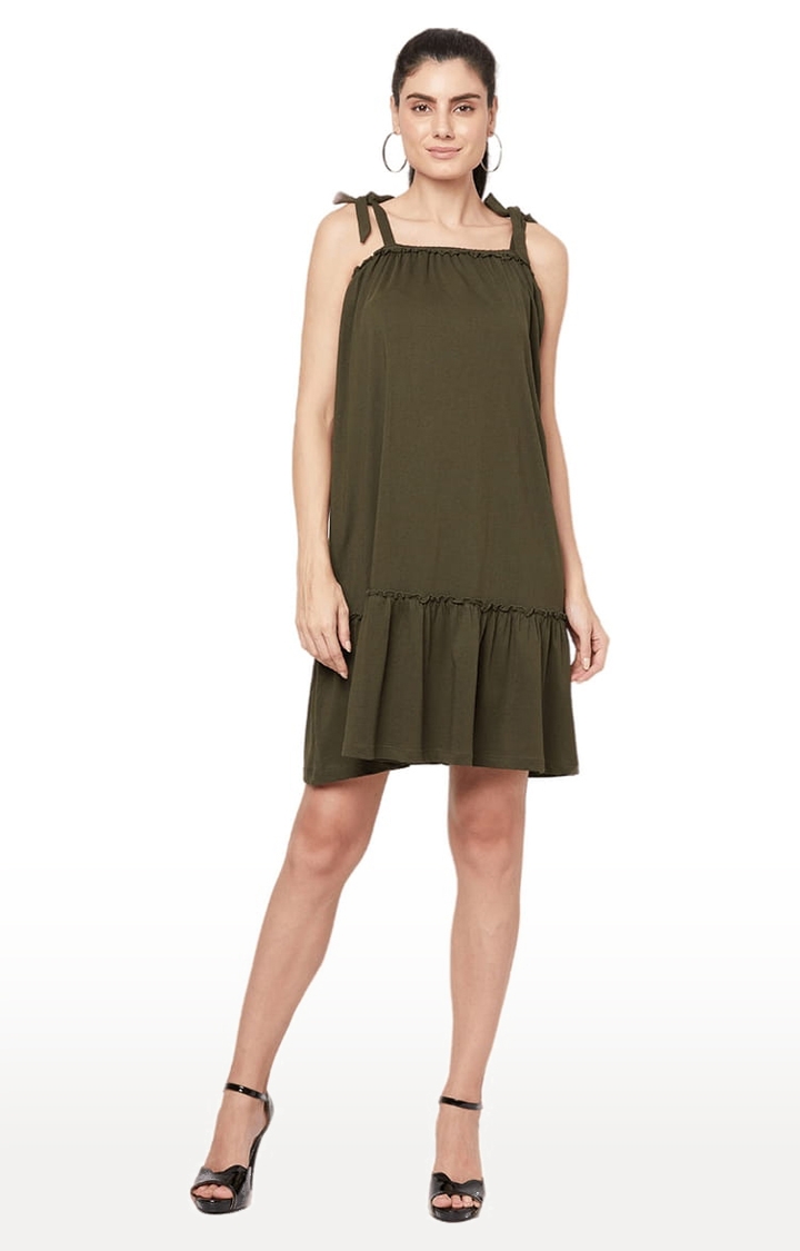 YOONOY | Women's Olive Cotton Solid Tiered Dress 0