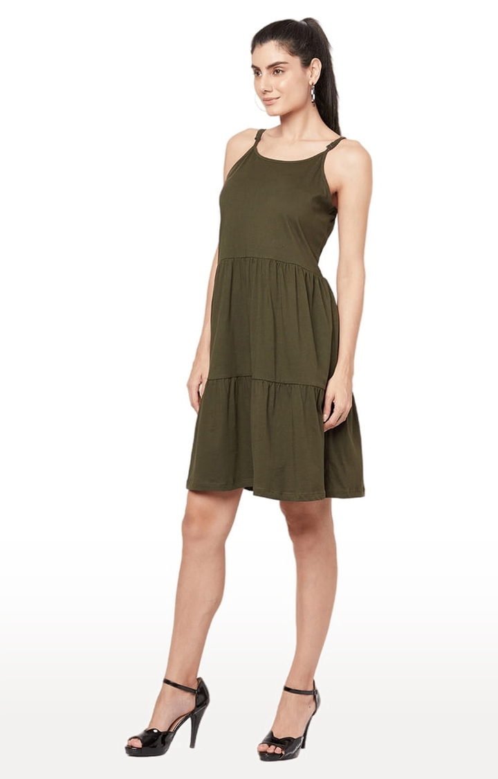 YOONOY | Women's Olive Cotton Solid Tiered Dress 3