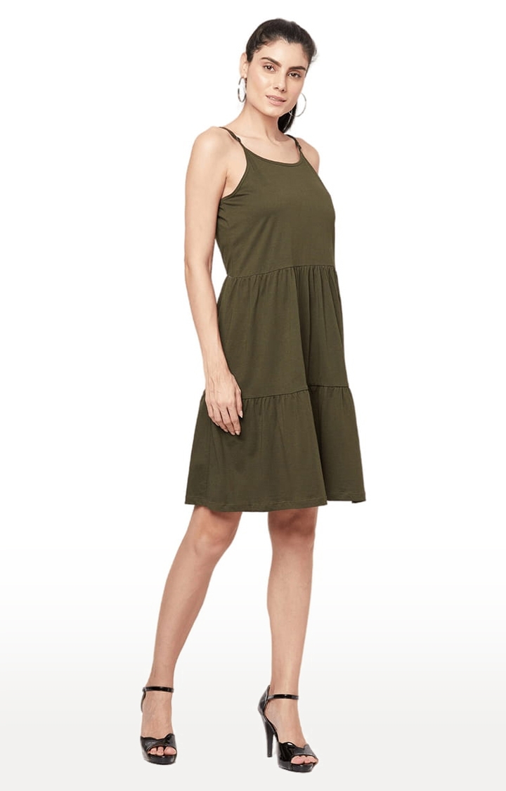 YOONOY | Women's Olive Cotton Solid Tiered Dress 4