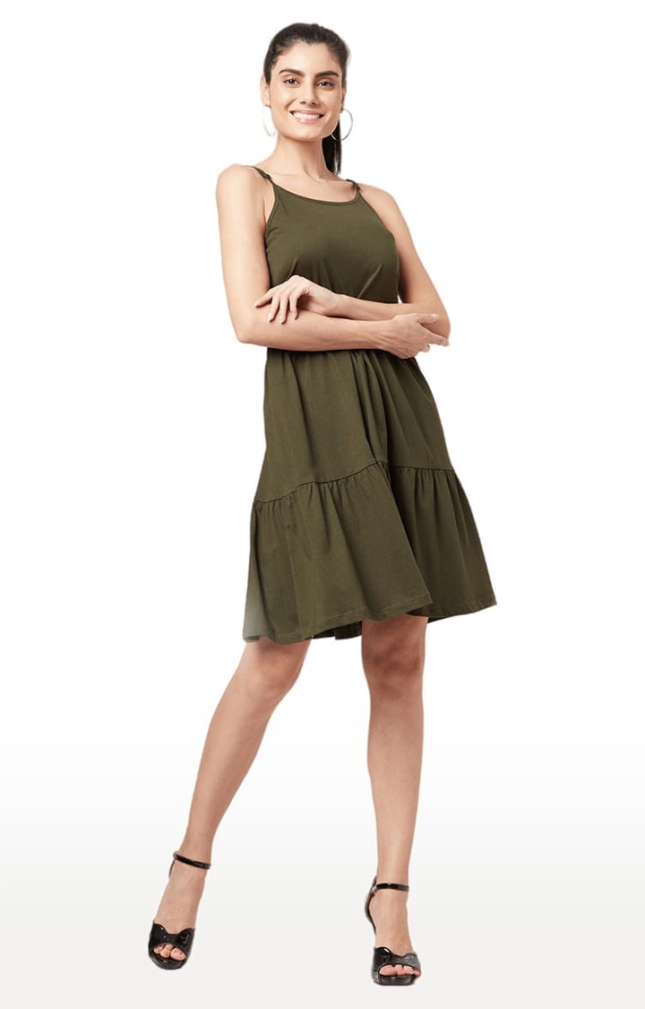 YOONOY | Women's Olive Cotton Solid Tiered Dress 2