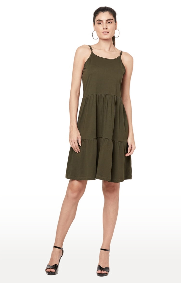YOONOY | Women's Olive Cotton Solid Tiered Dress 0