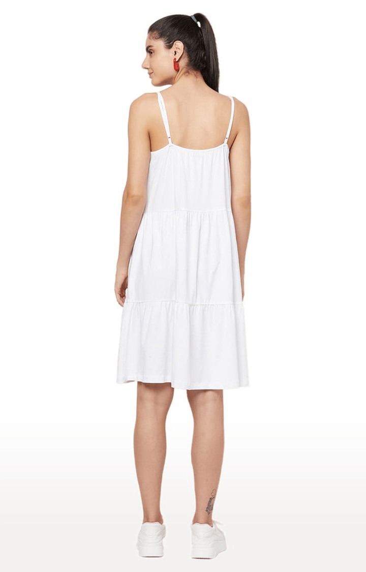 Women's White Cotton Solid Tiered Dress