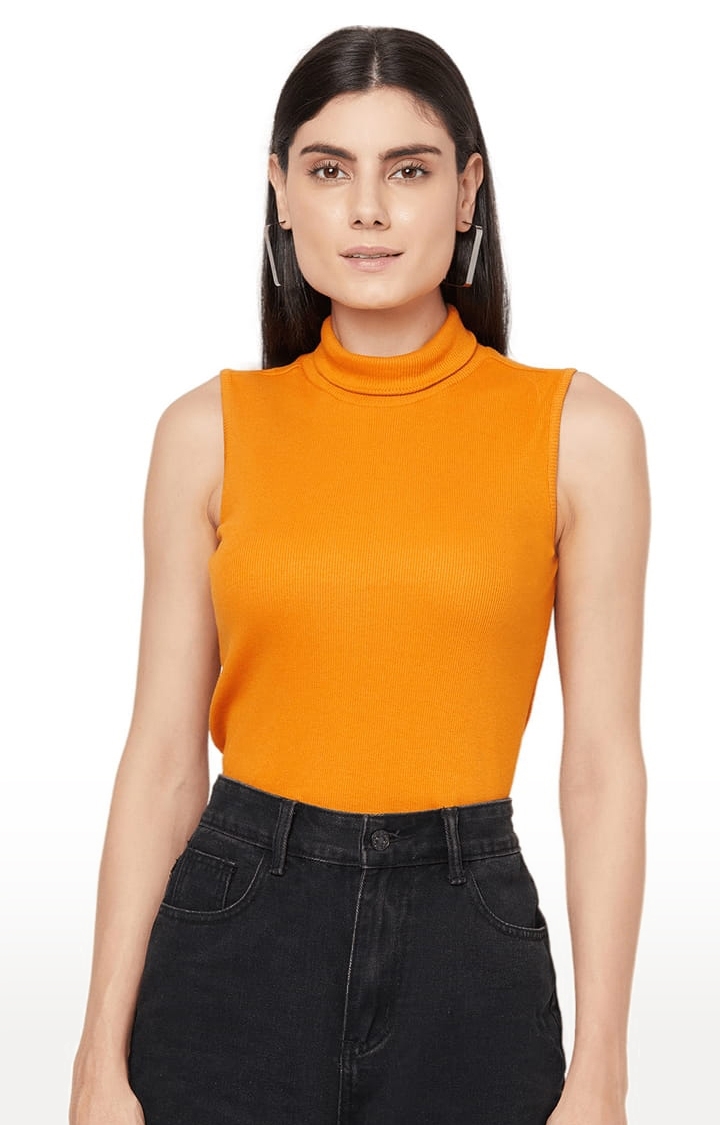 YOONOY | Women's Orange Cotton Blend Textured Tank Top