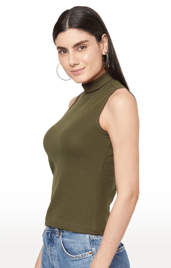 Women's Olive Green Cotton Blend Solid Tank Top