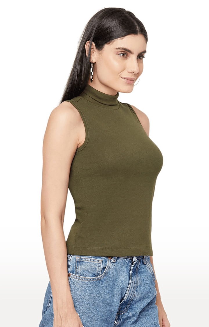 Women's Olive Green Cotton Blend Solid Tank Top