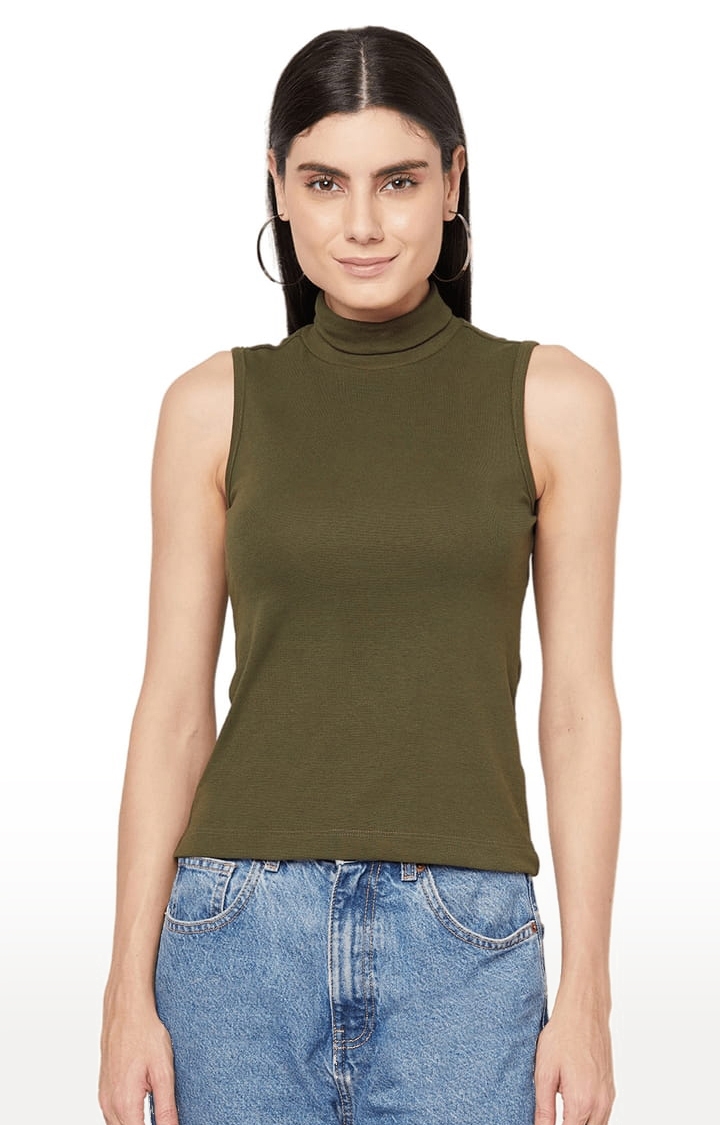Women's Olive Green Cotton Blend Solid Tank Top