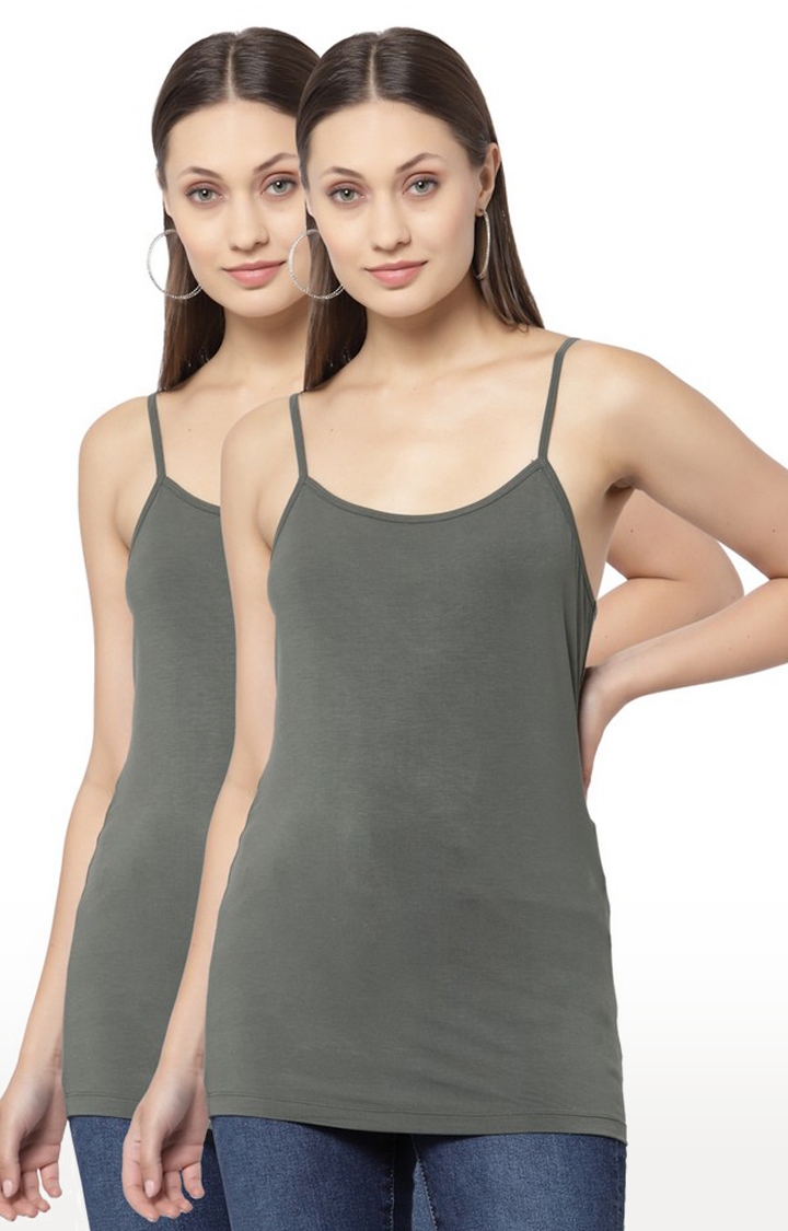 YOONOY | Women's  Green Bamboo Lycra Camisole(Pack of 2)