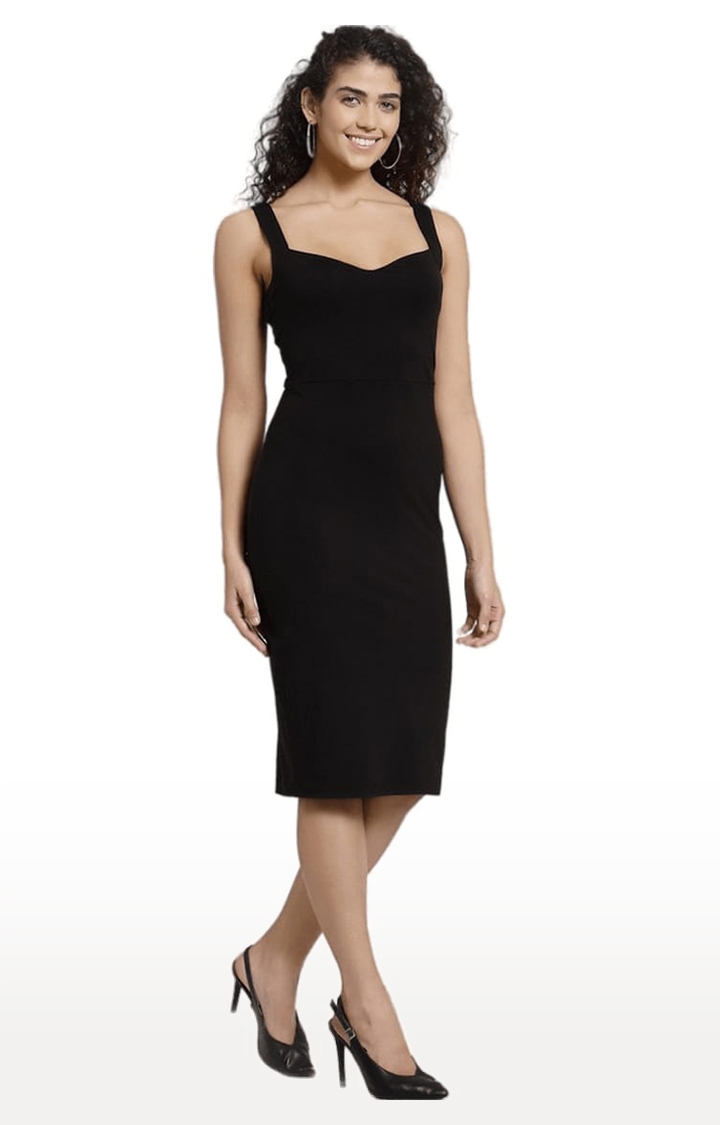 YOONOY | Women's Black Cotton Solid Bodycon Dress 2