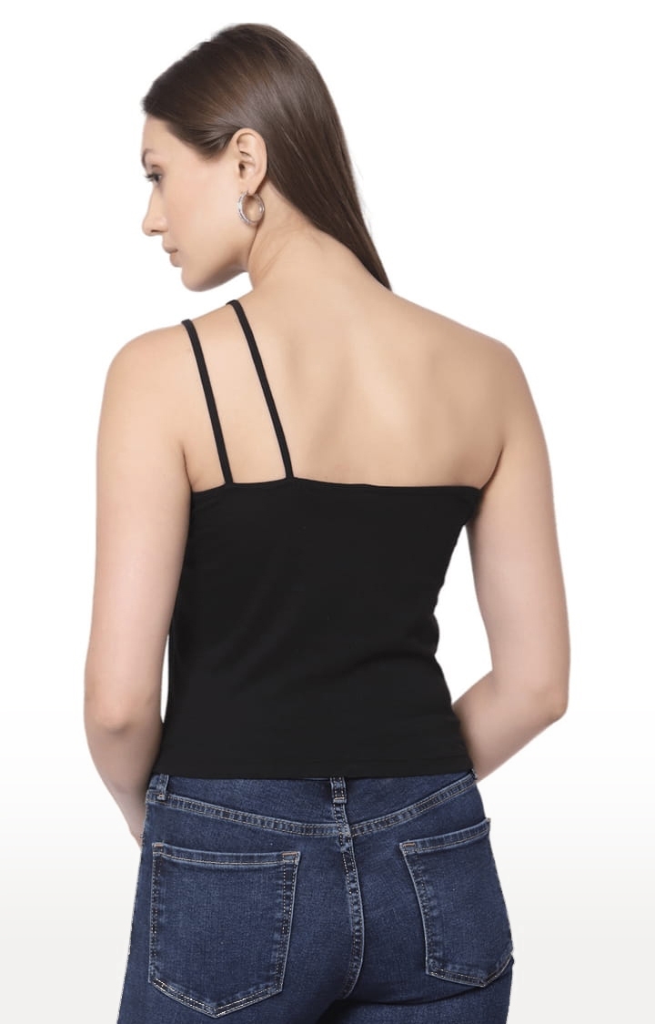 YOONOY | Women's Black Cotton Blend Solid Strappy Top 4