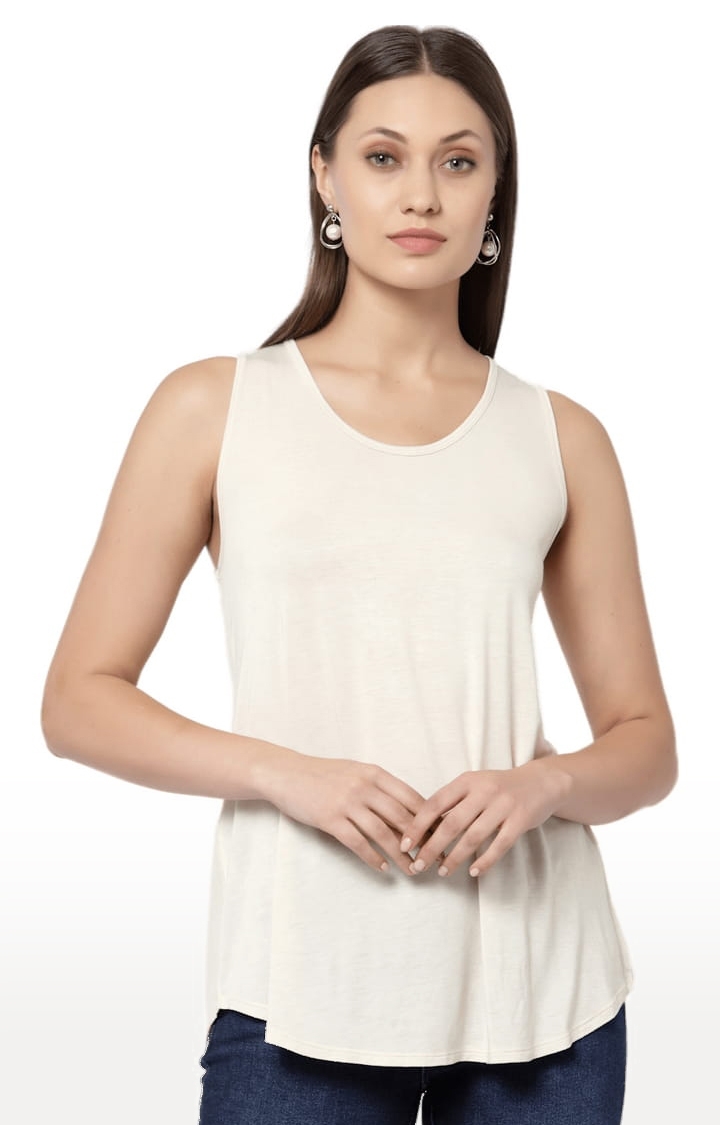 YOONOY | Women's Beige Cotton Blend Solid Activewear Tank Tops 0
