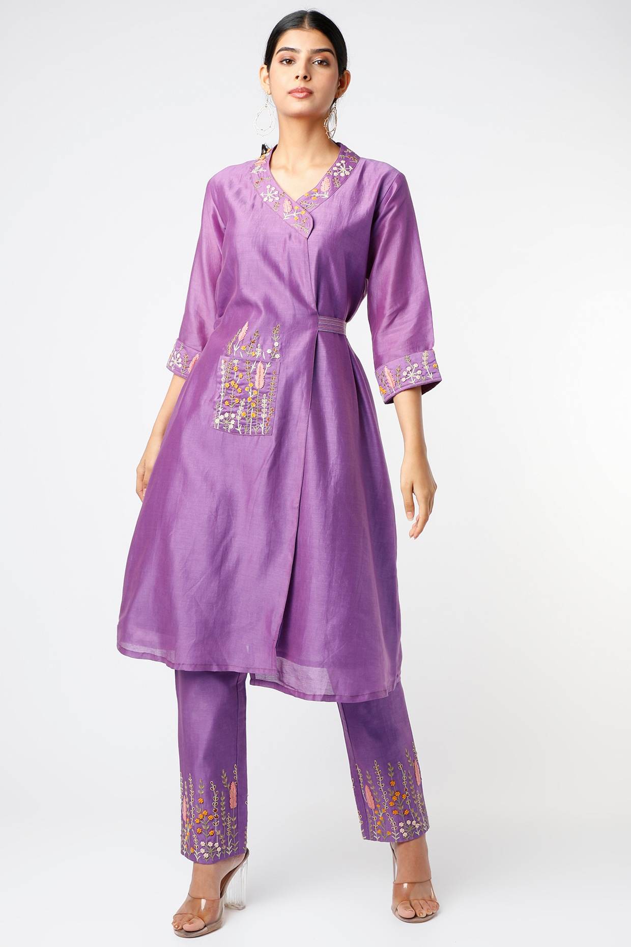Purple Embroidered Wrap Kurta Set