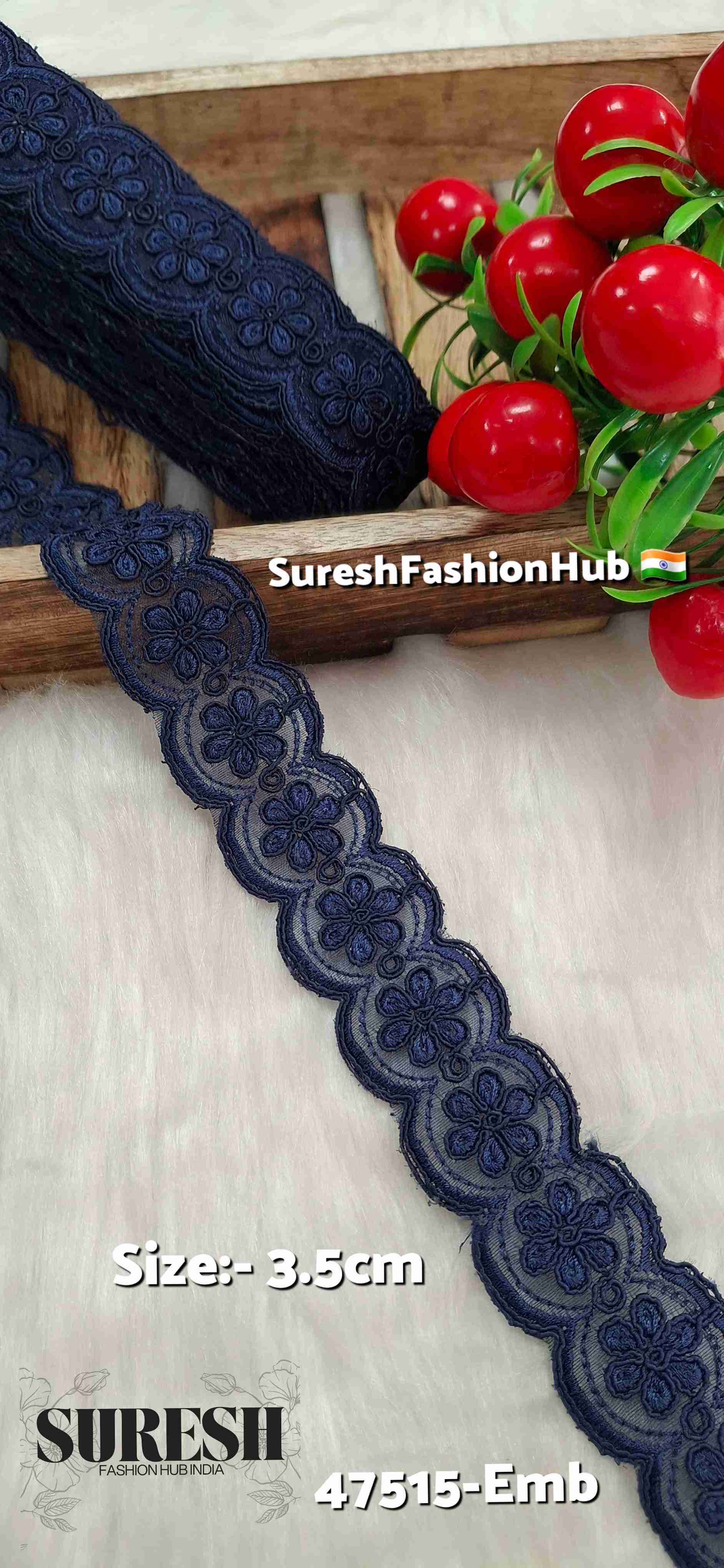 Navy Blue Bloom Scallop Organza Lace