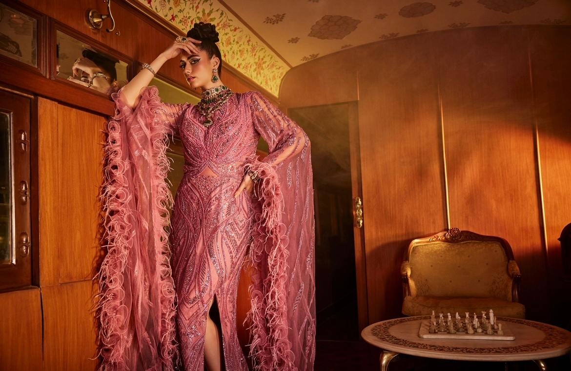Onion Pink Feather sleeves Gown