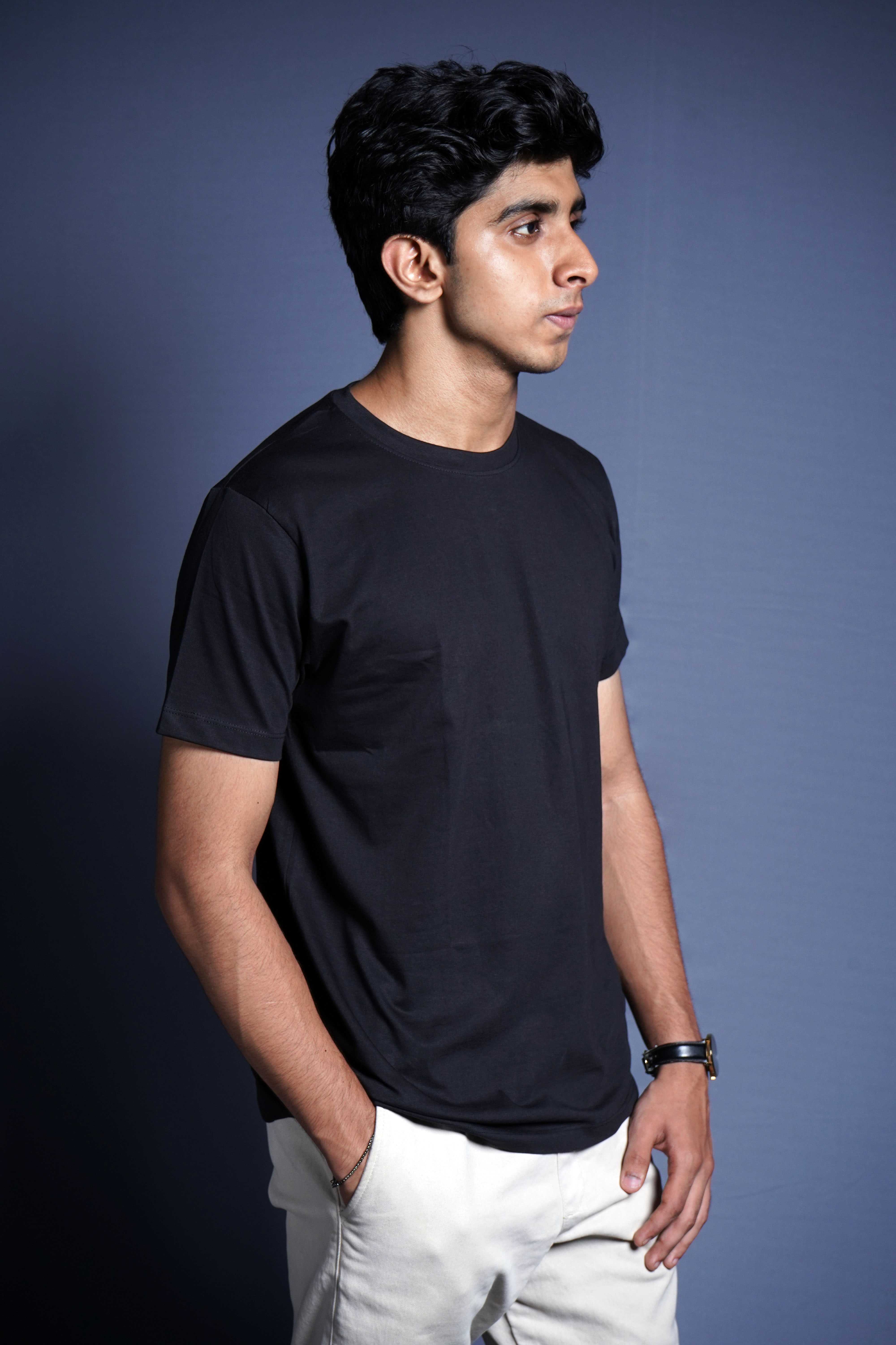 One Denim Essential Black Round Neck Cotton T-Shirt