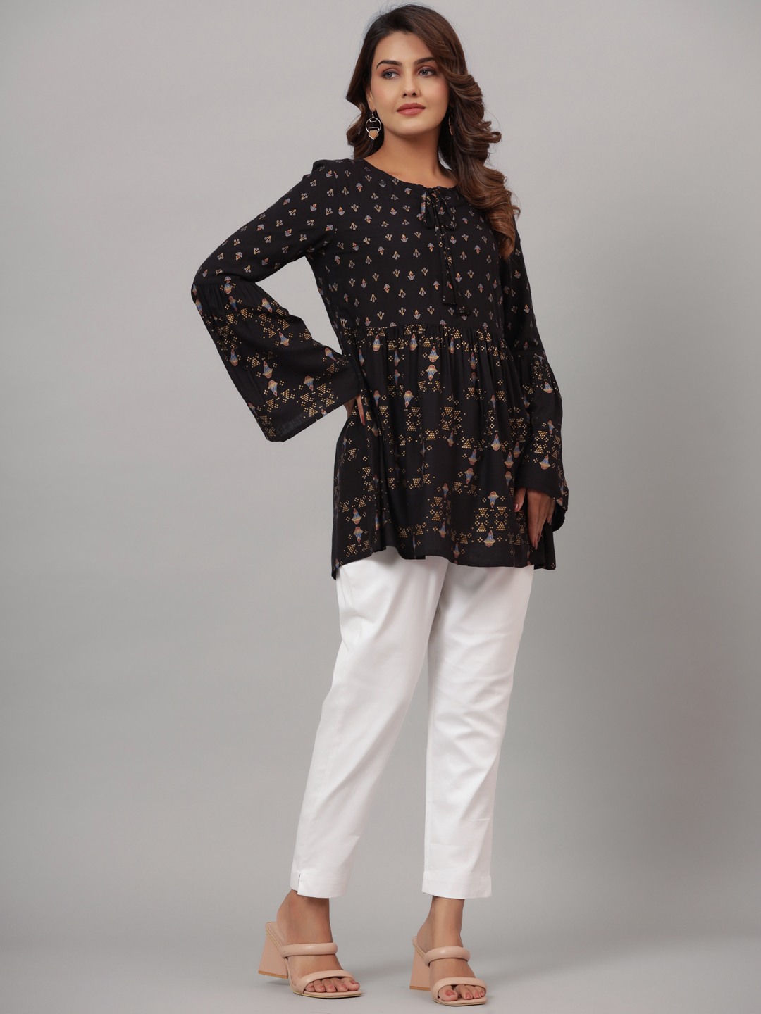 Front Tie Up Neck Gathered Top