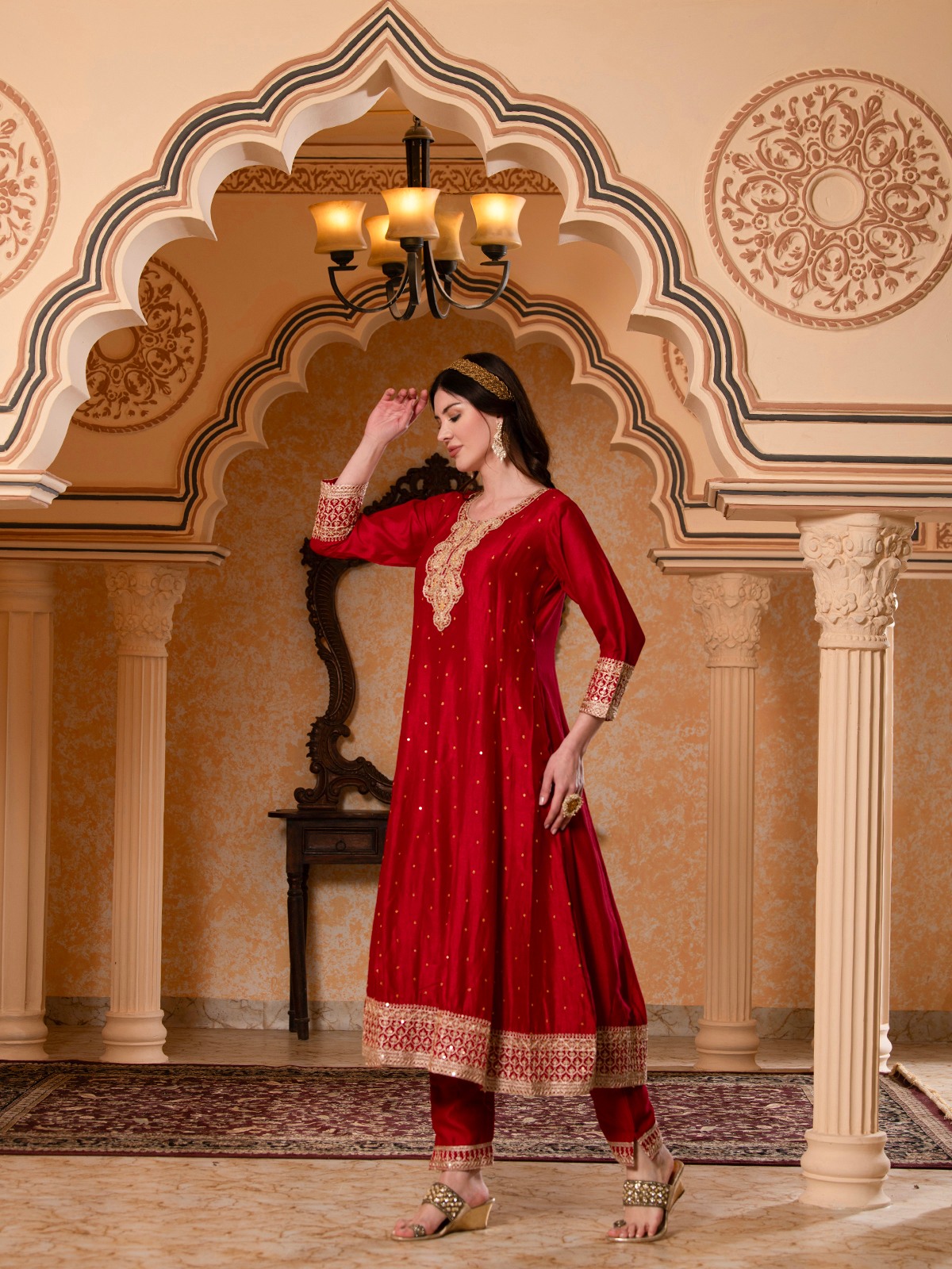 ALBION FANCY LADIES ETHNIC RED KURTI SET