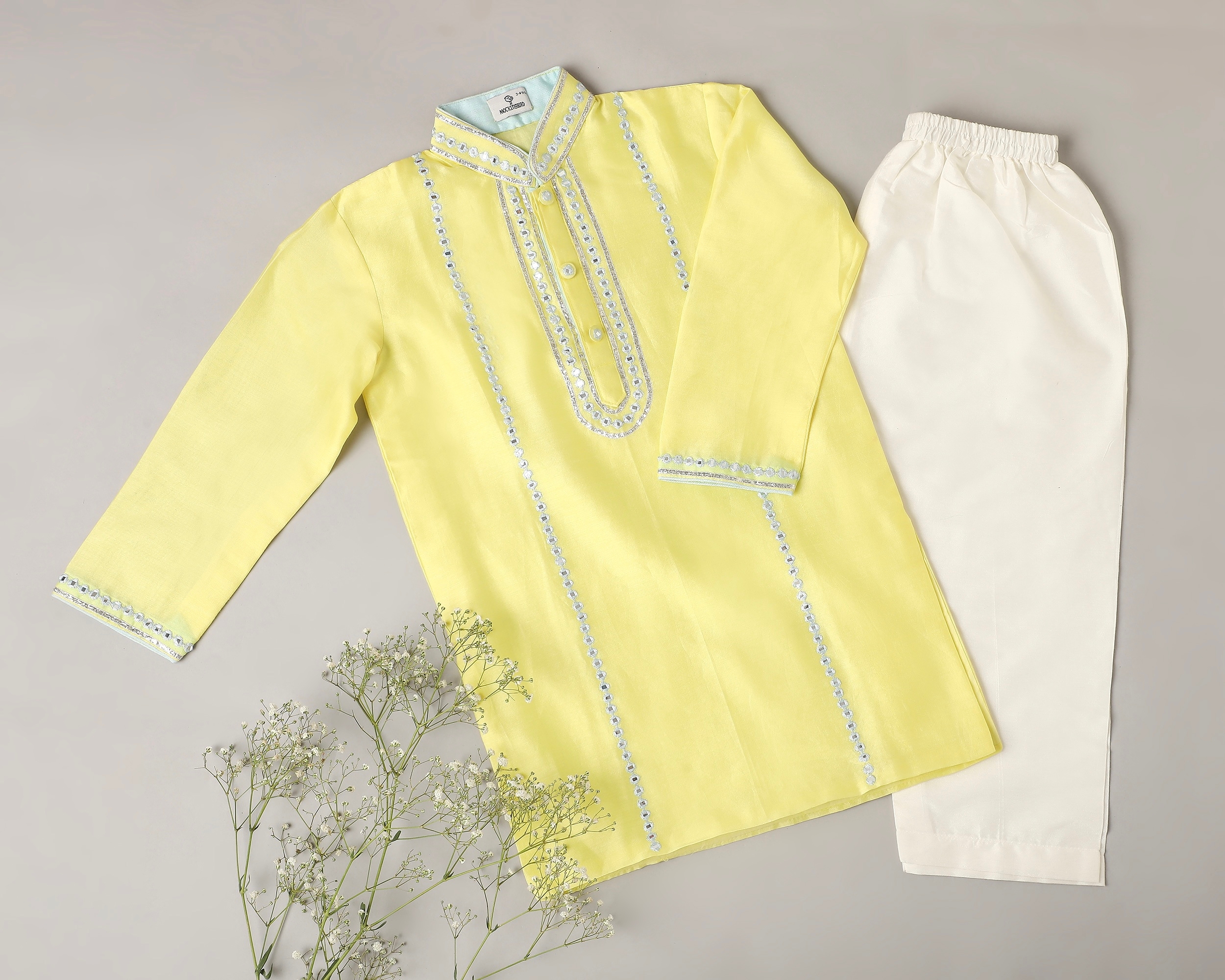Yellow with Blue Resham and Mirror Work with Ivory Pyjamas