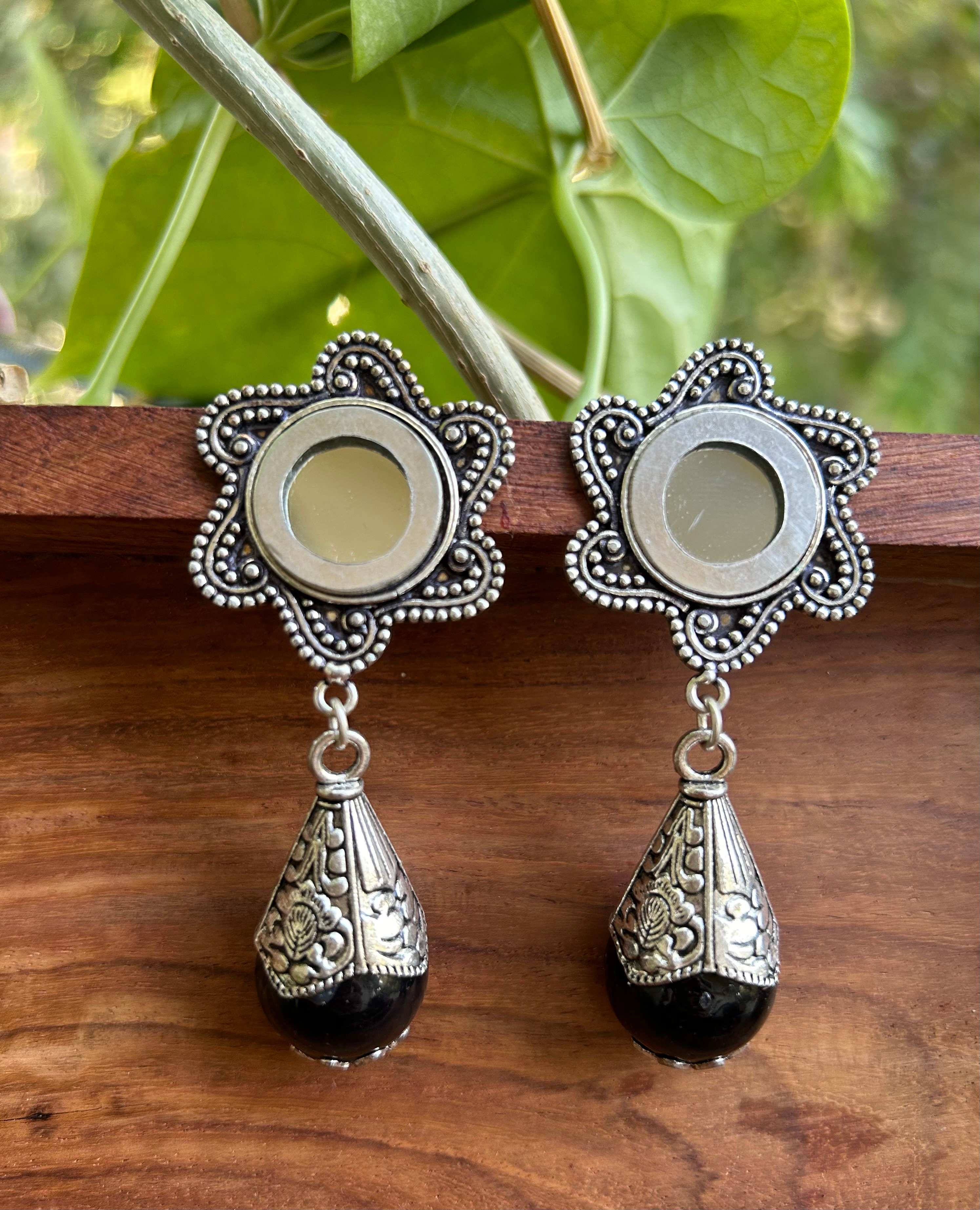 Firoza Black Stone Mirror Drop Earrings for Women