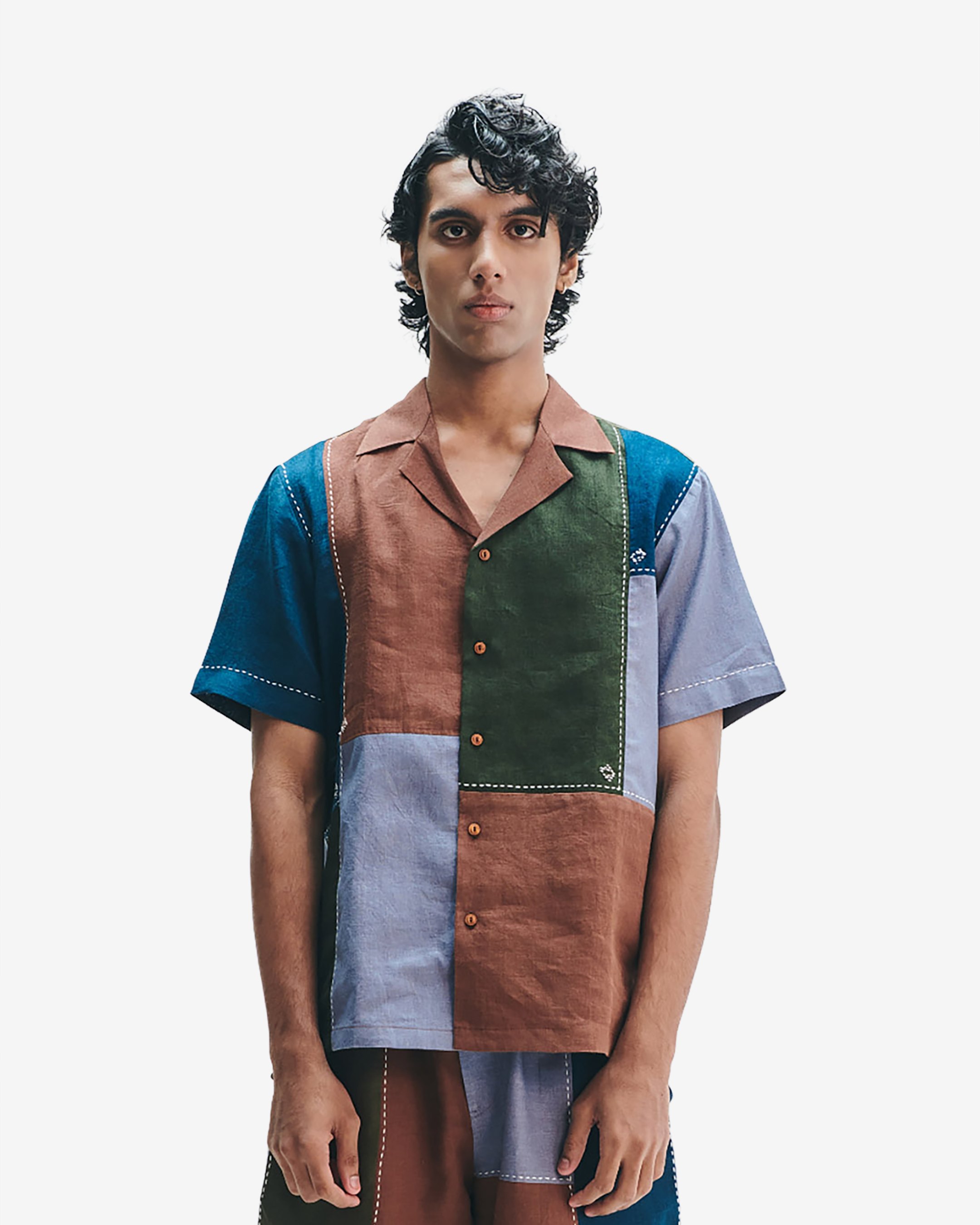 Patchwork Linen Men's Camp Collar Shirt