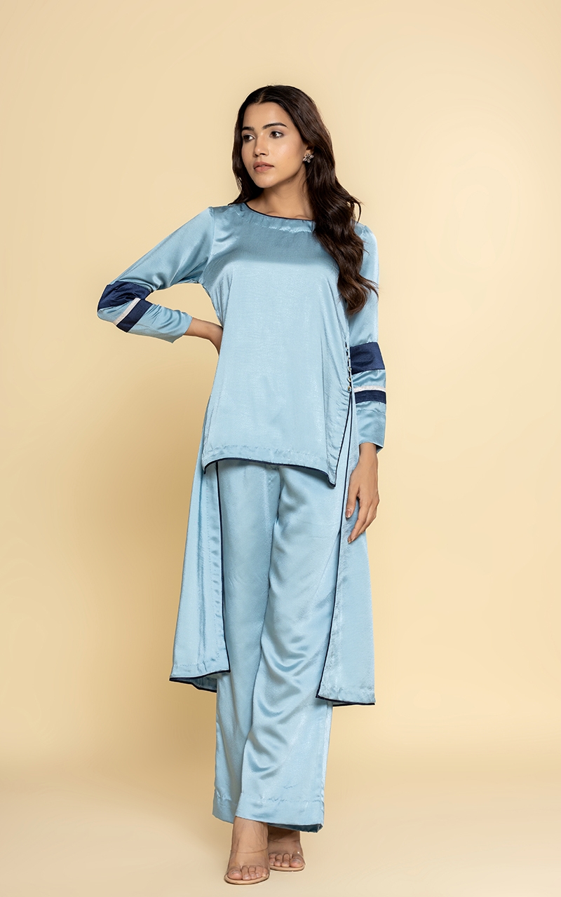 Blue co-ord set with side slits and button detailing
