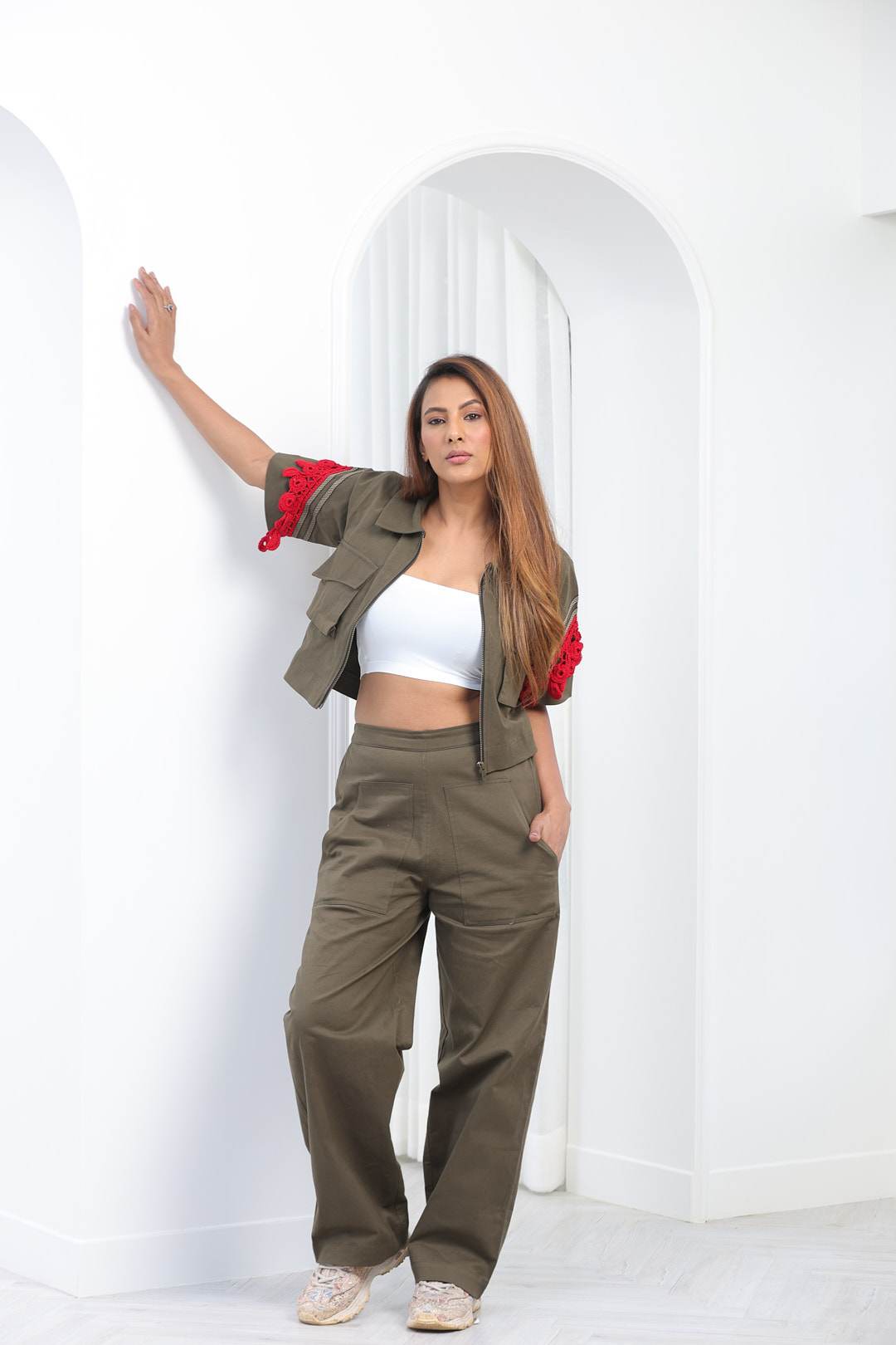 Olive green crochet jacket set