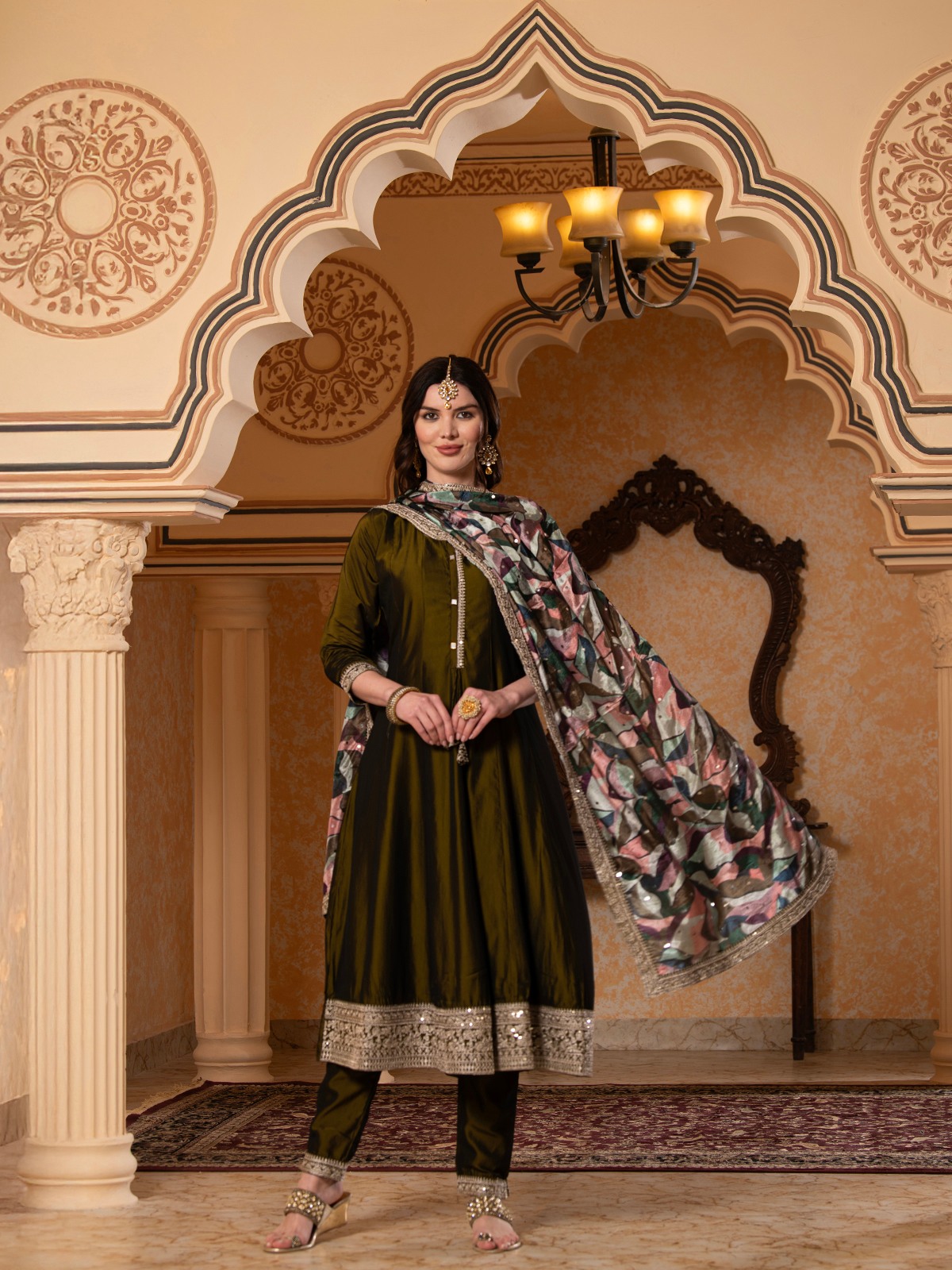 ALBION FANCY LADIES ETHNIC OLIVE KURTI SET